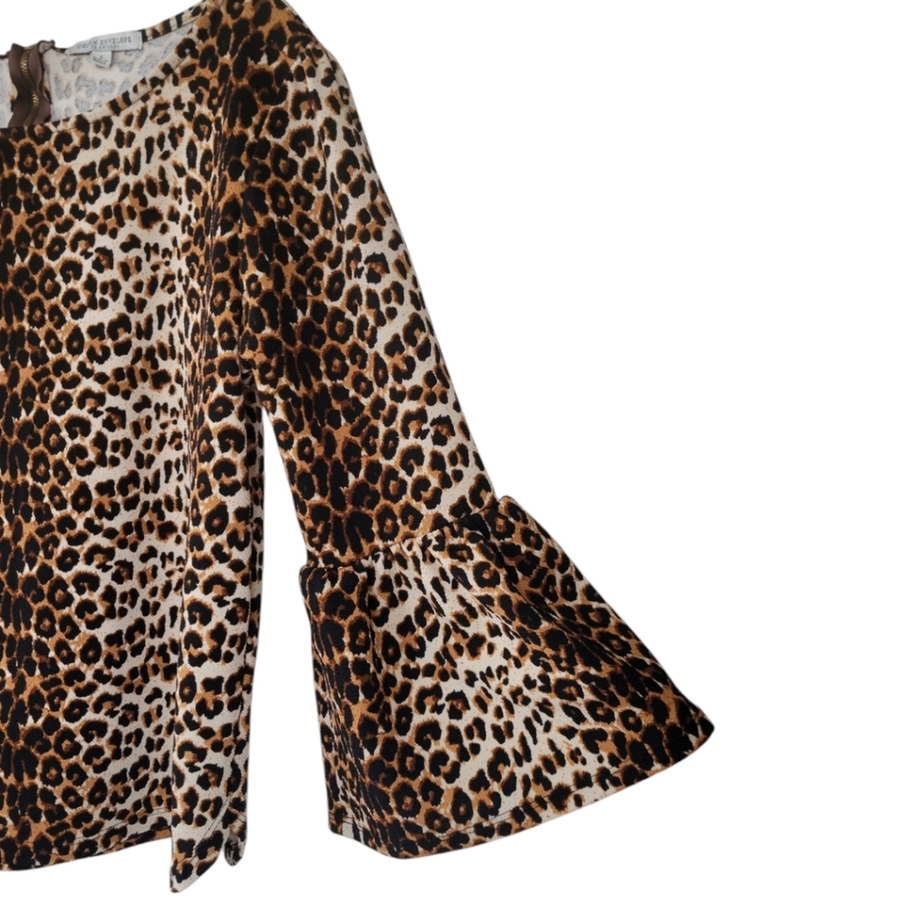 Green Envelope Leopard Print Bell Sleeve Top Large Boho Chic Baddie - Picture 4 of 12